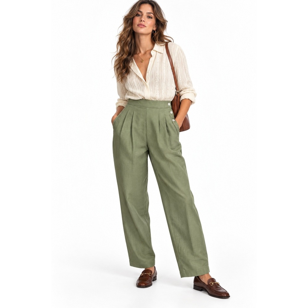 Chaus‎ Trousers Women 8 Sage Green High Waist Linen Blend Pleated Vintage NWT